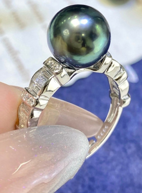 通体s925银 海水珍珠戒指   9-10mm海水大溪地黑珍珠