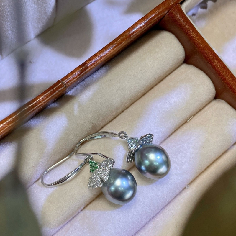 S925银枫叶海水珍珠耳环9-10mm