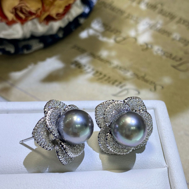 S925银伯&爵花海水珍珠耳钉9-10