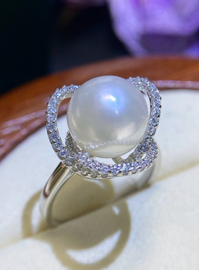 S925银三叶草海水珍珠戒指优雅百搭9-10mm海水澳白珍珠