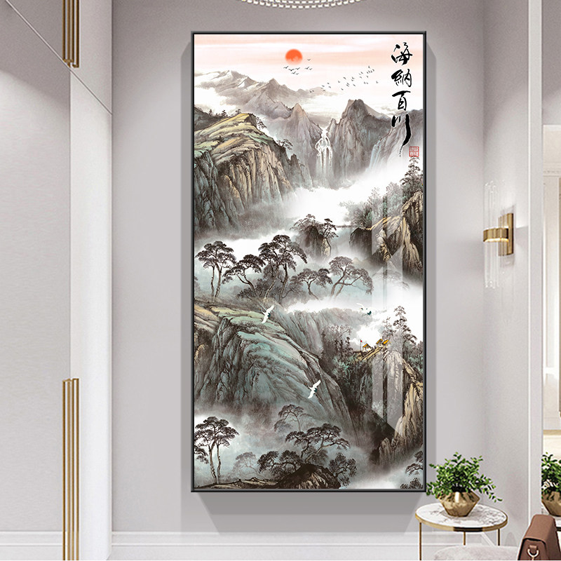 新中式玄关装饰画竖版风景挂画简约现代客厅背景墙画走廊尽头壁画