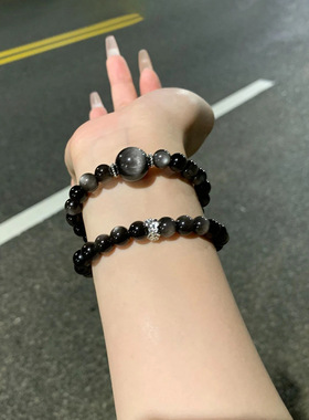 【黑森林】人造银曜石水晶手串情侣简约双圈手链活眼银曜手串新款