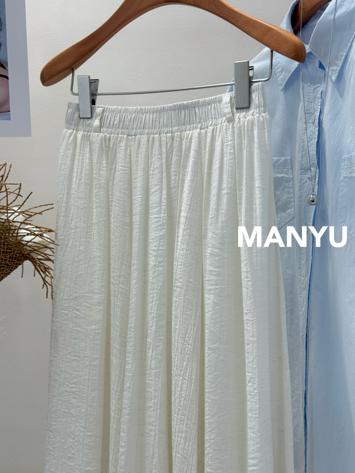 MANYU东大门爆款松紧腰显瘦垂感天丝棉麻百搭中长款半身裙子伞裙