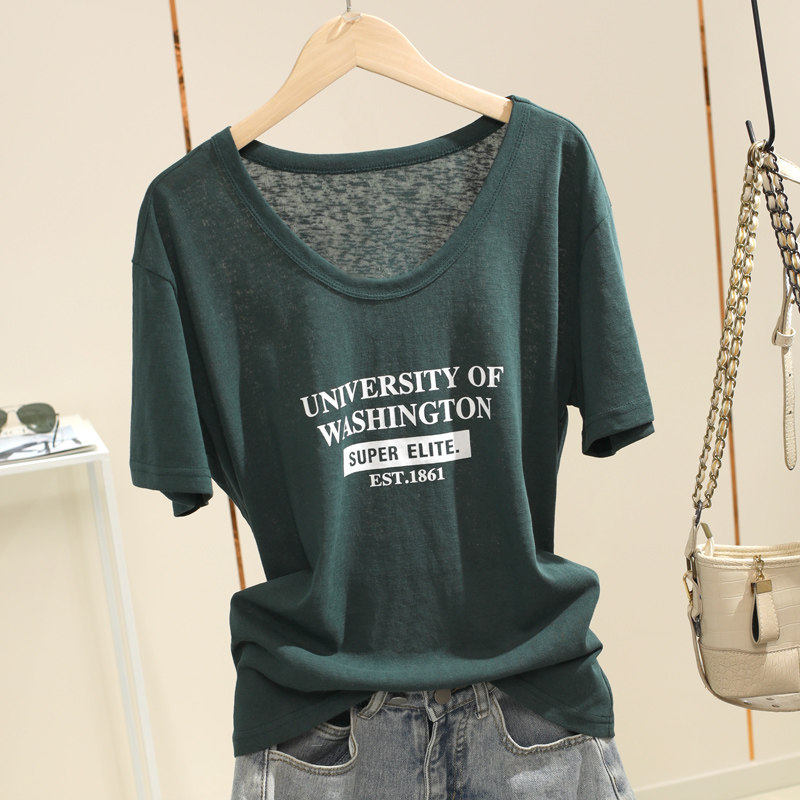 圆领大领口字母印花T恤女2025年夏季新款宽松薄款雪花棉短袖上衣