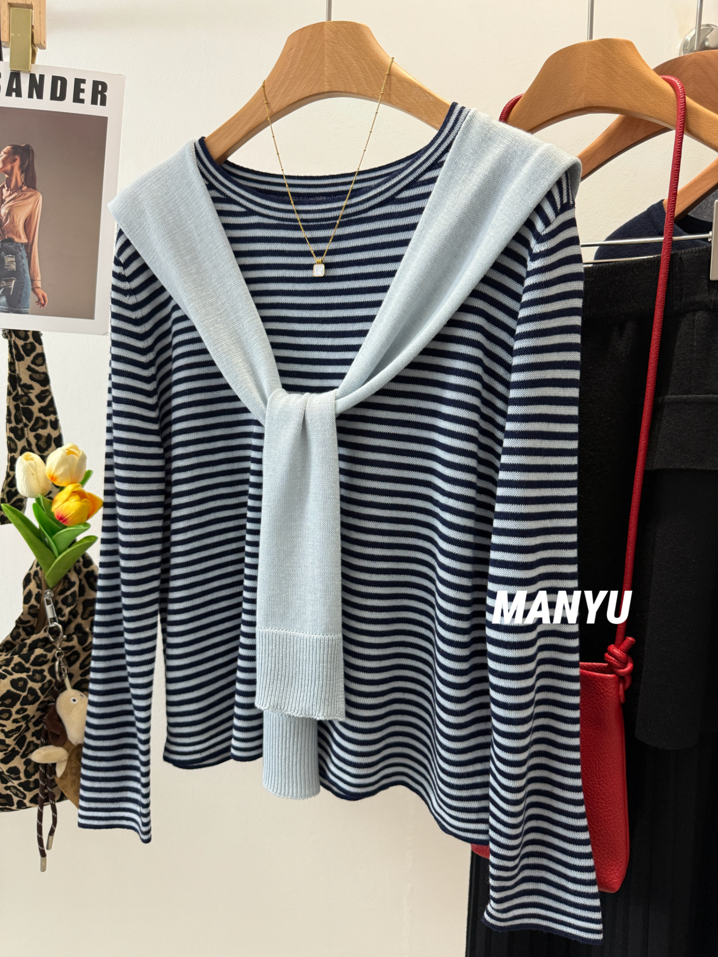 MANYU韩国设计感条纹披肩两件套