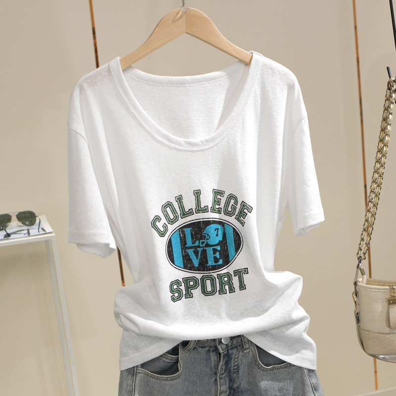 超薄圆领大领口冰丝雪花棉字母印花夏季宽松防晒上衣女短袖T恤潮