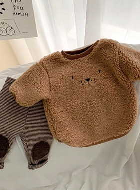 新款男女童冬装卡通婴儿时尚套装加绒加厚羊羔毛卫衣儿童两件套潮