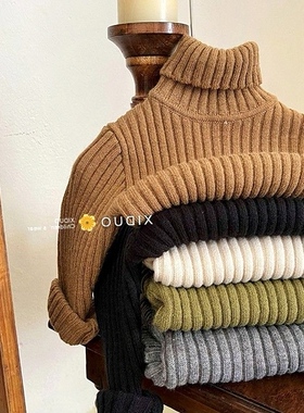 2023韩国童纯色坑条毛亲子童装儿童冬季新款男女宝高领弹力线衫