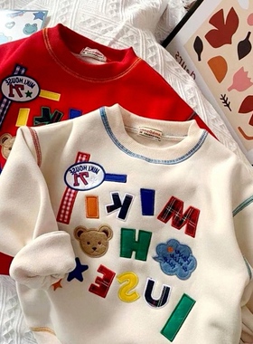 秋冬新款贴标刺绣日童加绒卫衣宝系儿童百搭男女宝一体绒宽松上衣