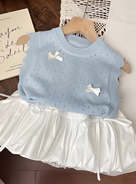 儿童洋气夏季套装新款ins甜美风baby蓝背心+花苞短裙两件套夏装