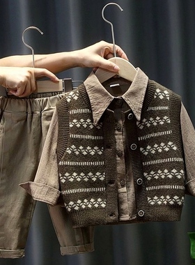 装2023新款男童洋气马甲针织亲子宝春装套件套小儿童春秋开衫毛衣