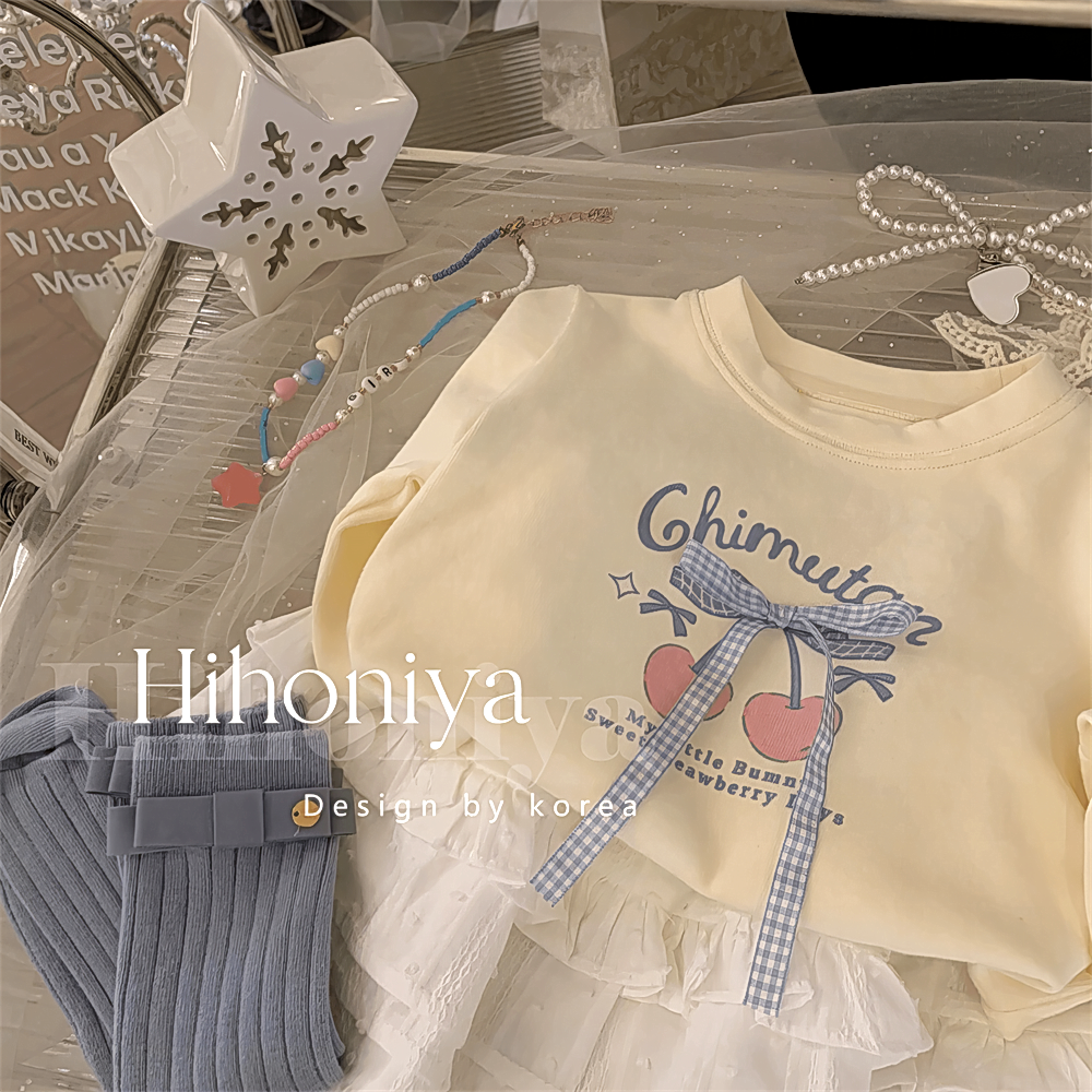 樱桃女蓝色新款小韩秋冬上衣打底春秋长袖女童印花宝蝴蝶结版潮衫