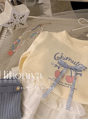 樱桃女蓝色新款小韩秋冬上衣打底春秋长袖女童印花宝蝴蝶结版潮衫