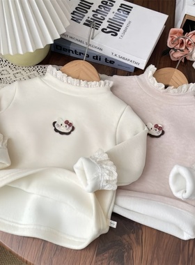 原版实体店品质】秋亲子冬女宝蕾丝花边半高领一体绒打底衫宝宝加