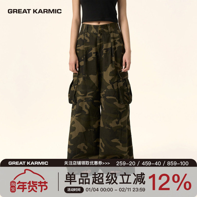 【翁杰同款】GREATKARMIC 十字箭迷彩裤复古大口袋宽松阔腿裤GRKC,女装/女士精品,休闲裤,淘宝优惠券,粉丝福利购,淘宝优惠卷