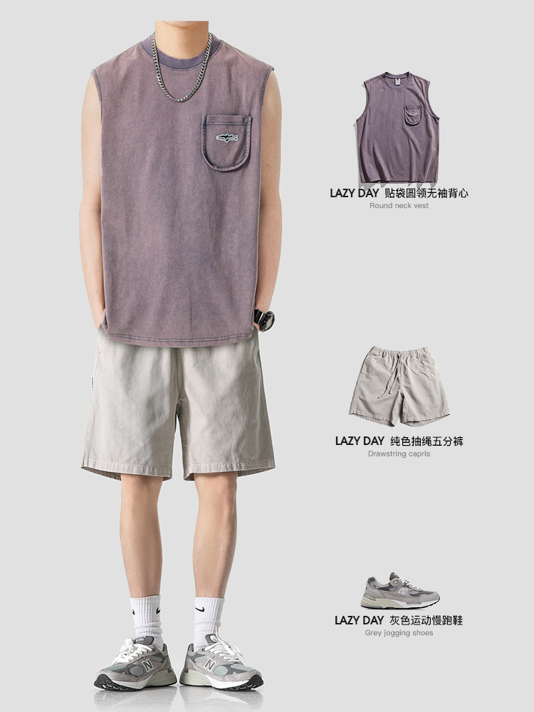 LAZY DAY 오리지널 남성 의류 일본 복고풍 워싱 자수 로고 라운드 넥 조끼 남성용 루즈 민소매 티셔츠