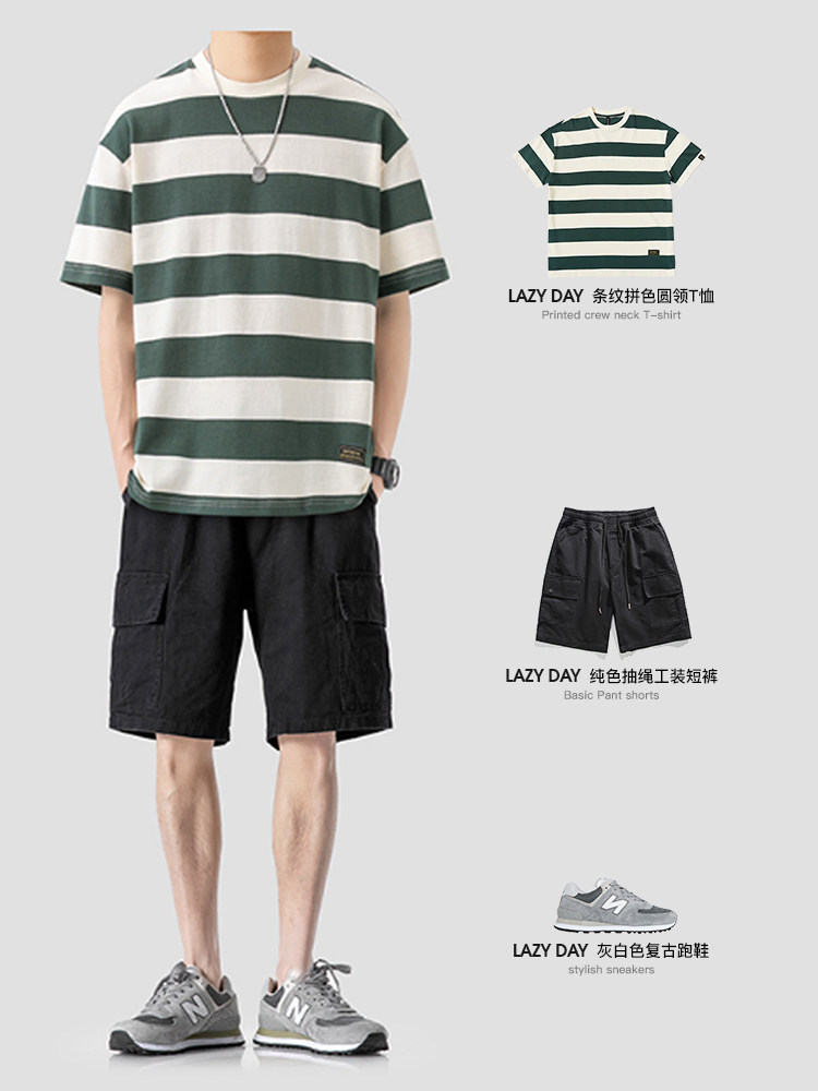 LAZY DAY 오리지널 남성 일본 순면 270G 스트라이프 티셔츠 남성 여름 루즈 캐주얼 다목적 반팔 트렌드