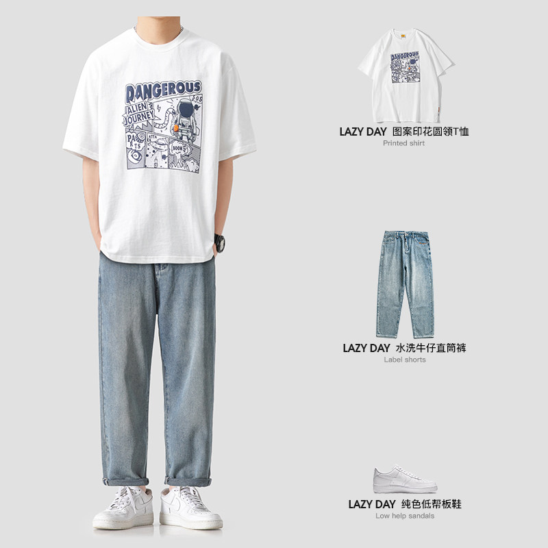 LAZY DAY 오리지널 남성복 세트 일본식 캐주얼 우주비행사 프린트 티셔츠 남성용 다용도 루즈 탑