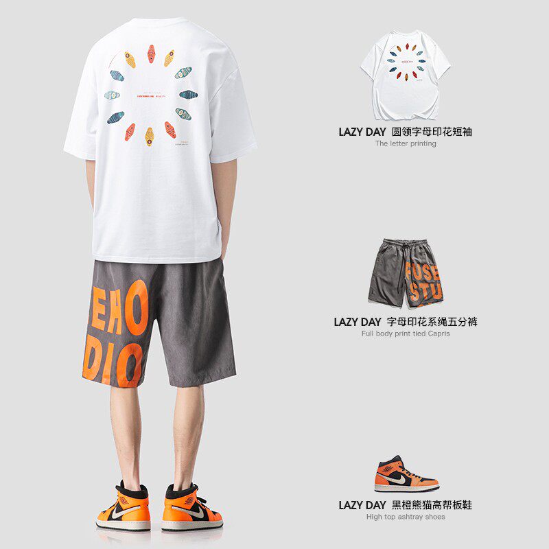 LAZY DAY 오리지널 남성 의류 세트 아메리칸 크리에이티브 레터 프린트 티셔츠 남성 캐주얼 다용도 탑 트렌디