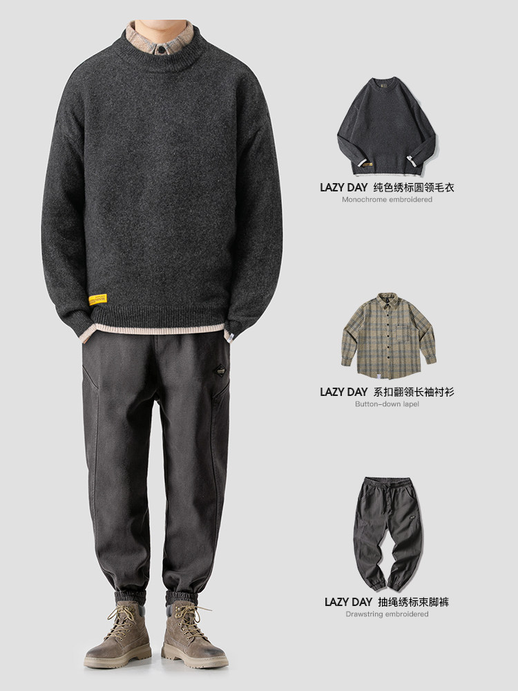 LAZY DAY 오리지널 남성 의류 일본 복고풍 컬러 매칭 루즈한 라운드 넥 니트 스웨터 남성용 루즈한 작업복