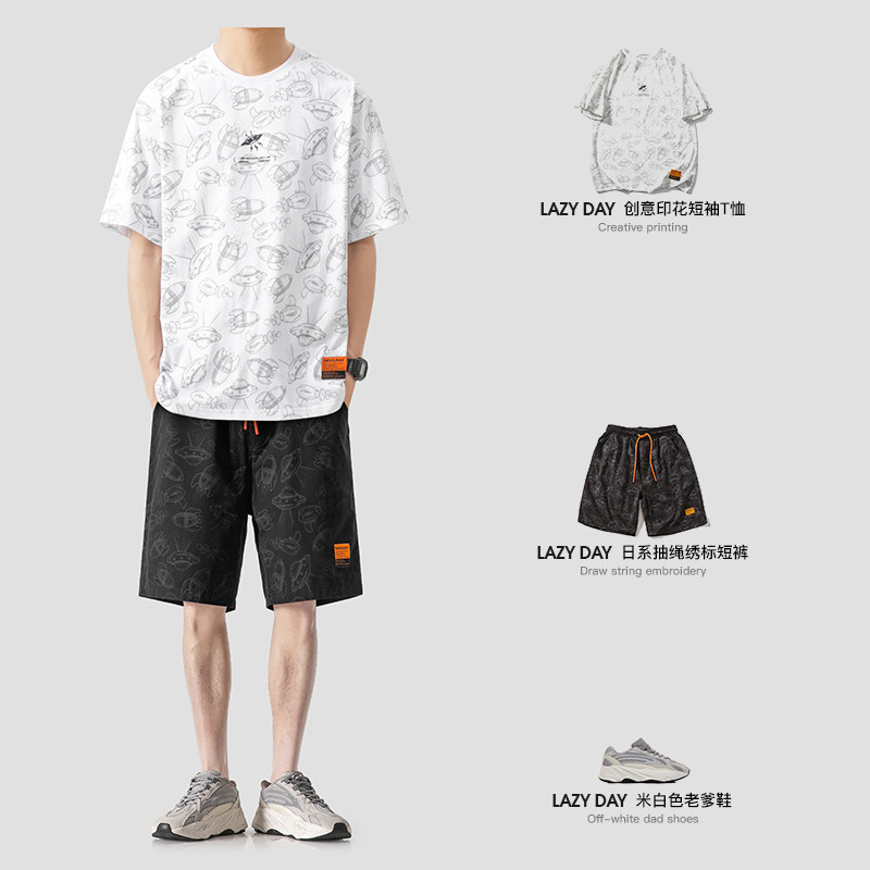LAZY DAY 오리지널 남성복 세트 일본 크리에이티브 스페이스 프린트 티셔츠 남성 루즈 캐주얼 탑 트렌드