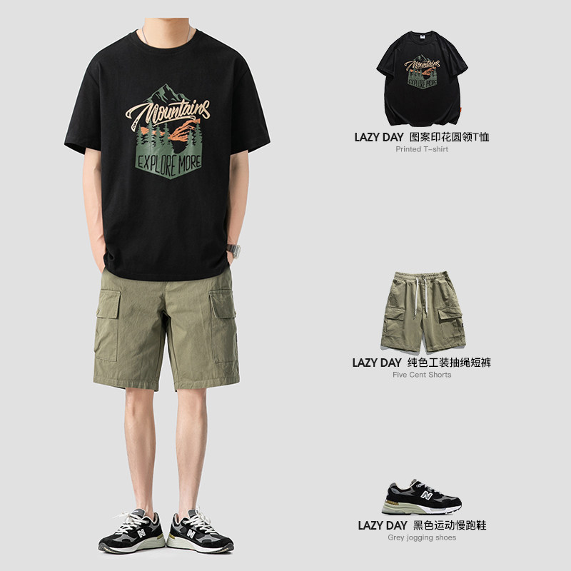 LAZY DAY 오리지널 남성 여름 매칭 일본식 크리에이티브 패턴 프린트 티셔츠 남성용 다용도 캐주얼 탑 트렌드