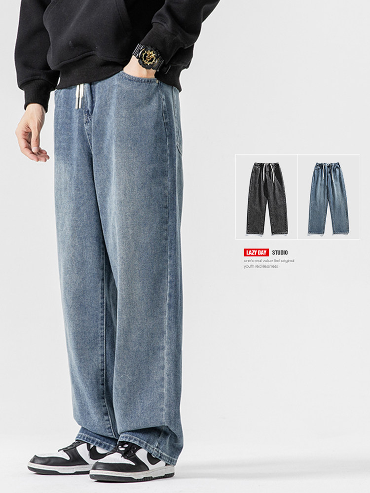 LAZY DAY 오리지널 남성복과 아메리칸 레트로 그라데이션 스트라이프 크루넥 스웨터 남성 가을 스트레이트 청바지