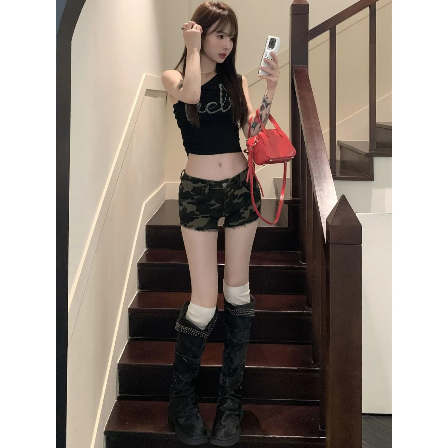 美式辣妹迷彩牛仔超短裤女2026夏季性感a字裤小个子紧身包臀热裤