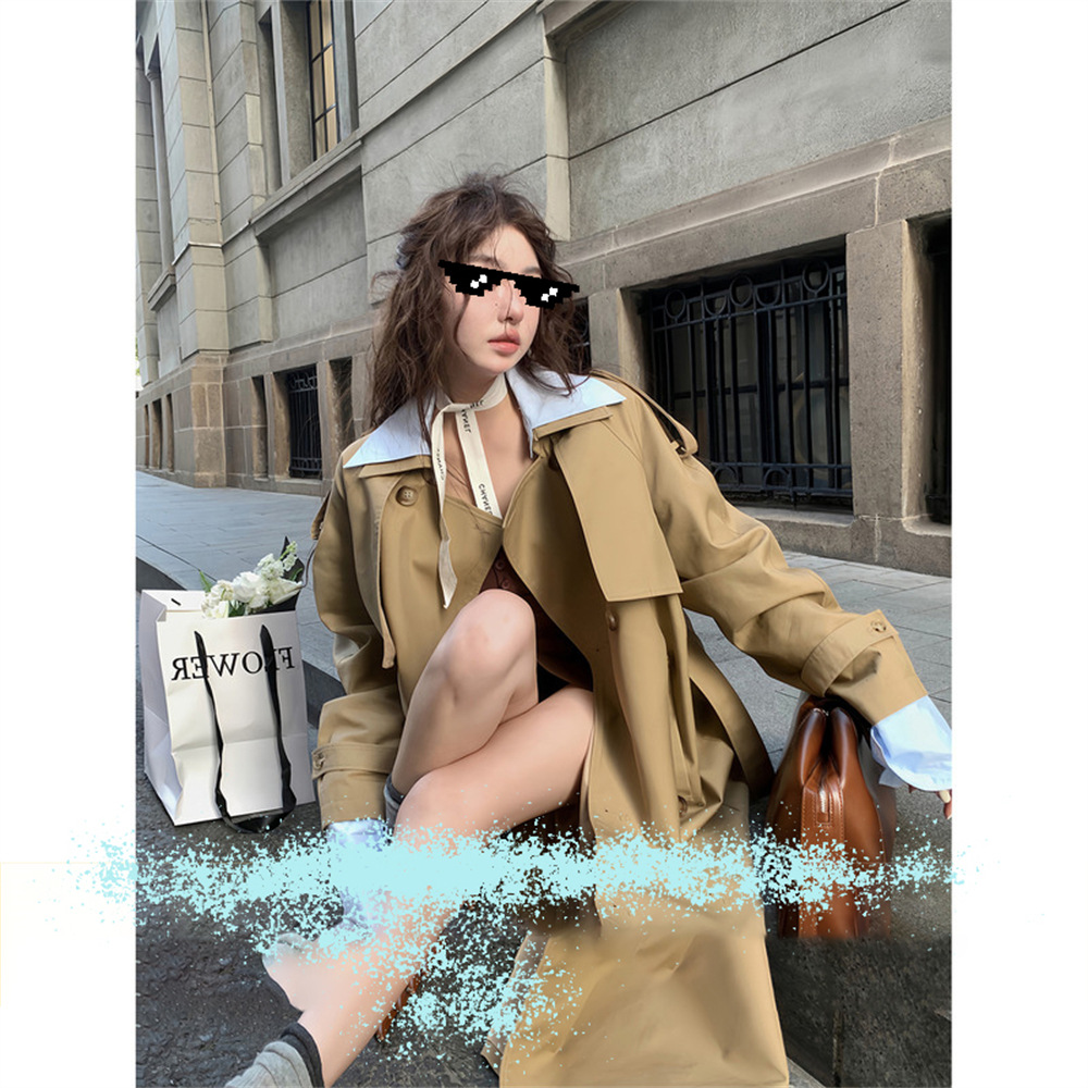 区区欧阳英伦风翻领风衣外套女秋季宽松复古系带中长款高级感大衣