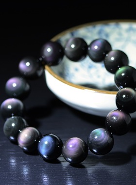纯天然双彩虹眼黑曜石手链男女款双眼黑耀石单圈手串情侣水晶正品