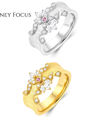 HONEY FOCUS 爱乐之城戒指双色轻奢复古宫廷风戒指925银合成锆石