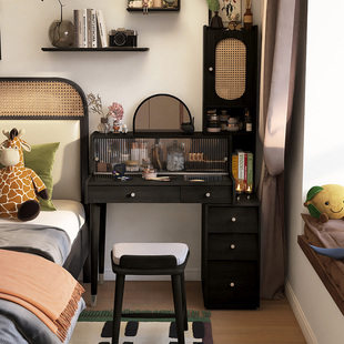 形影家具梳妆台中古风一体书桌法式斗柜一体复古全实木黑色化妆桌