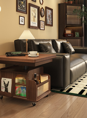 全实木升降茶几边几可移动推车茶桌折叠餐桌巴士小客厅沙发边柜