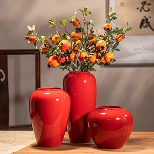 景德镇中国红陶瓷花瓶装饰摆件客厅插花结婚过年喜庆陶罐插花器皿