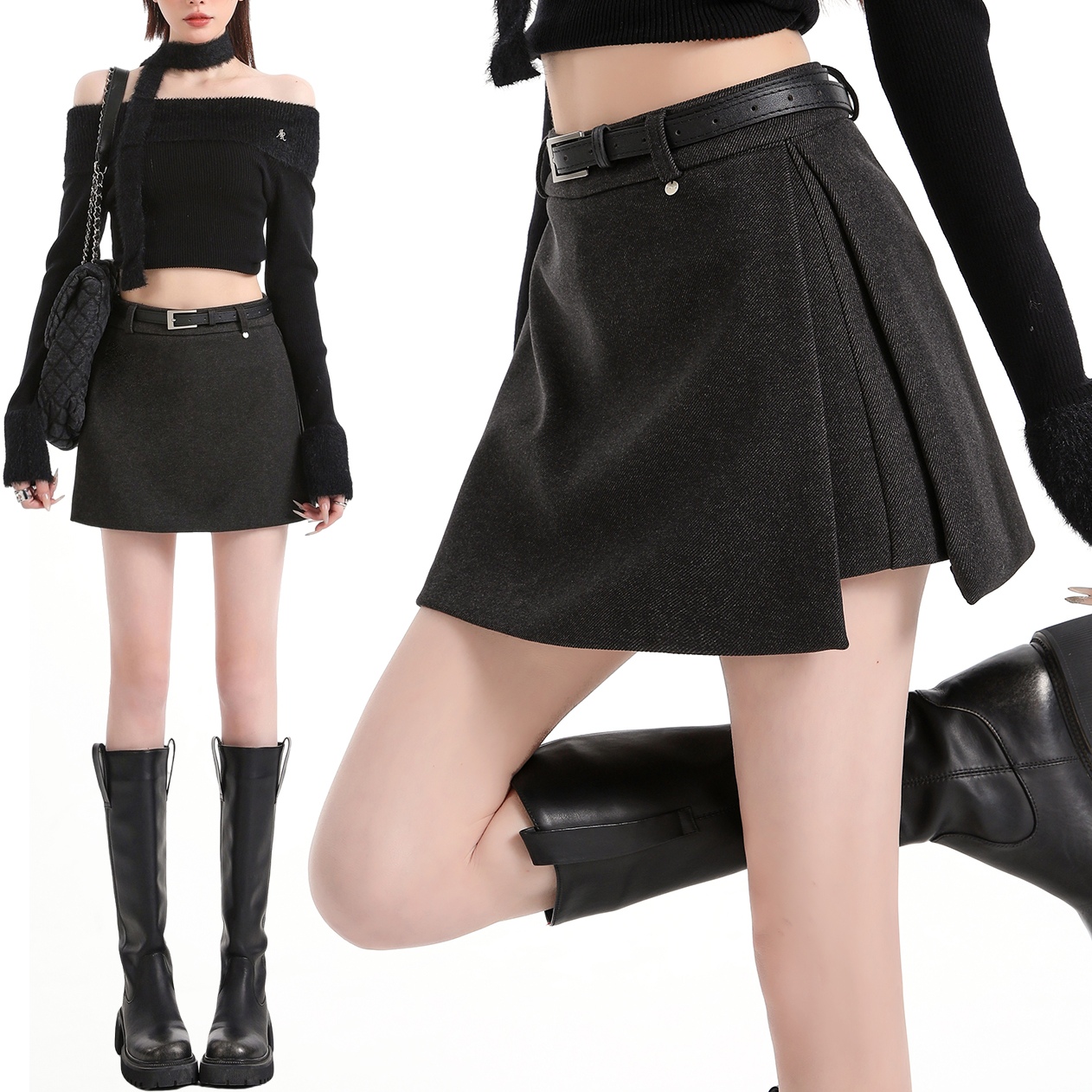 灰色毛呢半身裙女2025秋冬新款百搭显瘦a字设计感配腰带短裙裤子