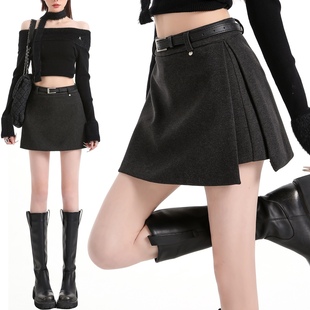 灰色毛呢半身裙女2026秋冬新款百搭显瘦a字设计感配腰带短裙裤子