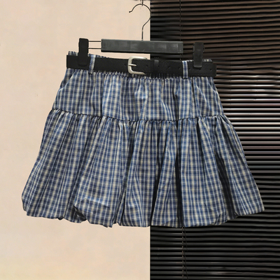 高腰a字浅蓝格子花苞半身裙女2026复古学院风新款夏季蓬蓬短裙子