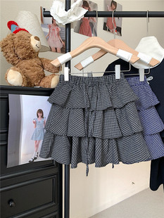 格纹少女韩版 蓝色格子蓬蓬蛋糕裙女防走光A字短裙 裙2026春夏新款