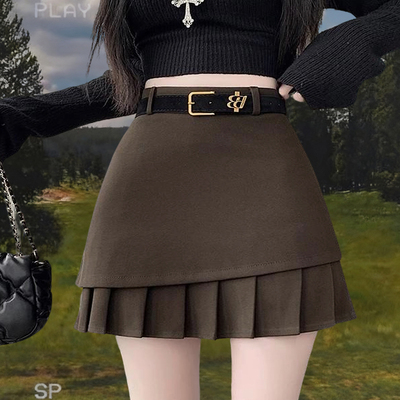 棕咖色毛呢半身裙子女2025新款秋冬百褶a字小个子不规则加厚短裙