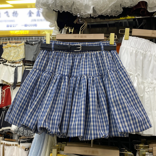 格子花苞半身裙女2026新款夏季高腰显瘦a字蓬蓬蓝格纹小个子短裙
