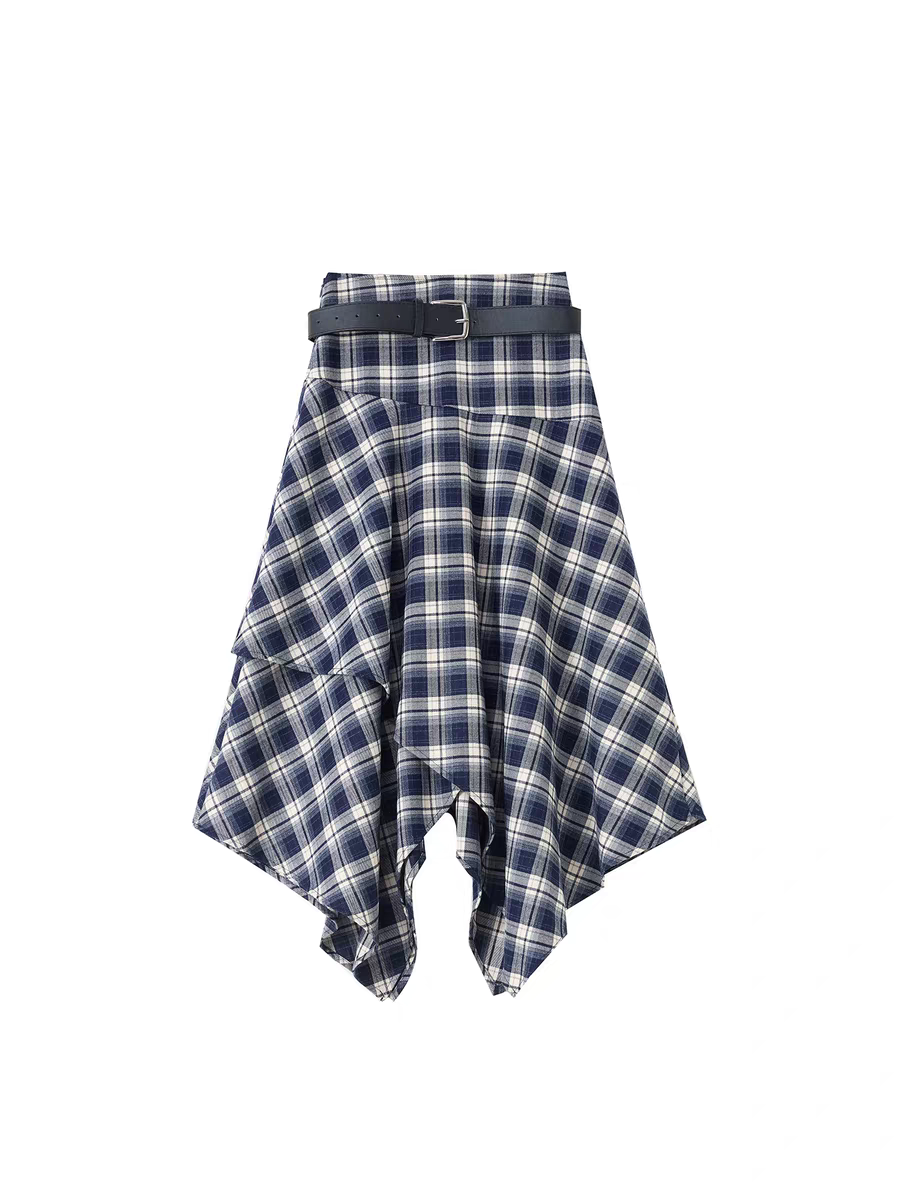 藏蓝色不规则长裙女2026新款秋冬高腰配腰带a字设计咖格子半身裙,女装/女士精品,半身裙,淘宝优惠券,粉丝福利购,淘宝优惠卷