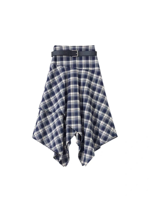 藏蓝色不规则长裙女2025新款秋冬高腰配腰带a字设计咖格子半身裙