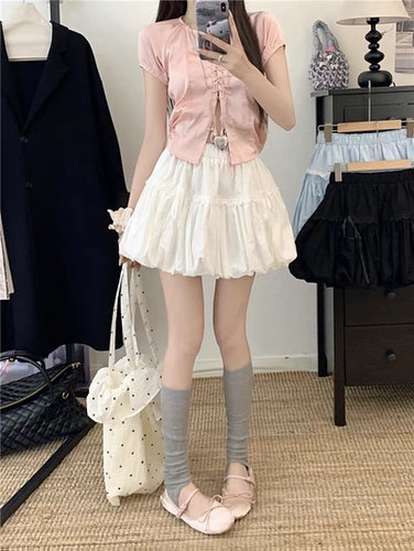 白色半身裙子蝴蝶结绑带云朵蓬蓬女春秋季新款显瘦a字花苞裙短裙