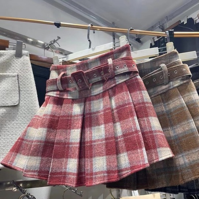 复古格子百褶裙毛呢秋冬高腰显瘦半身裙学院小香风韩系JK短裙子女