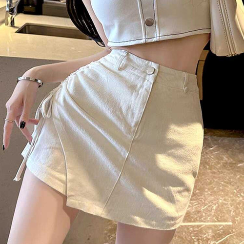 白色牛仔短裙裤女夏季爆款a字设计感开叉小个子不规则抽绳半身裙