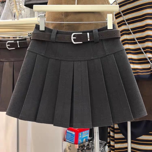 灰色毛呢百褶裙女2026秋冬季新款配腰带百搭小个子黑加厚半身短裙