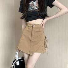 卡其色半身裙女新款春夏季黑设计感小个子裙裤抽绳不规则牛仔短裙