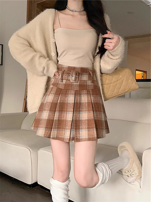 复古学院风格子半身裙秋冬高腰