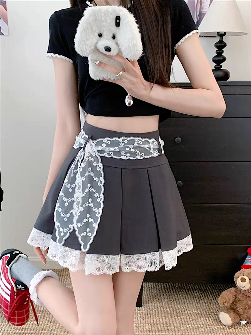 灰色半身裙女2026新款夏季小个子超火减龄a字蕾丝腰带百褶短裙子,女装/女士精品,半身裙,淘宝优惠券,粉丝福利购,淘宝优惠卷