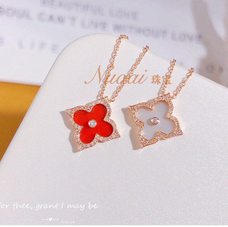 新款18K金AU750经典款红玛瑙白贝钻石四叶草项链吊坠套链生日礼物